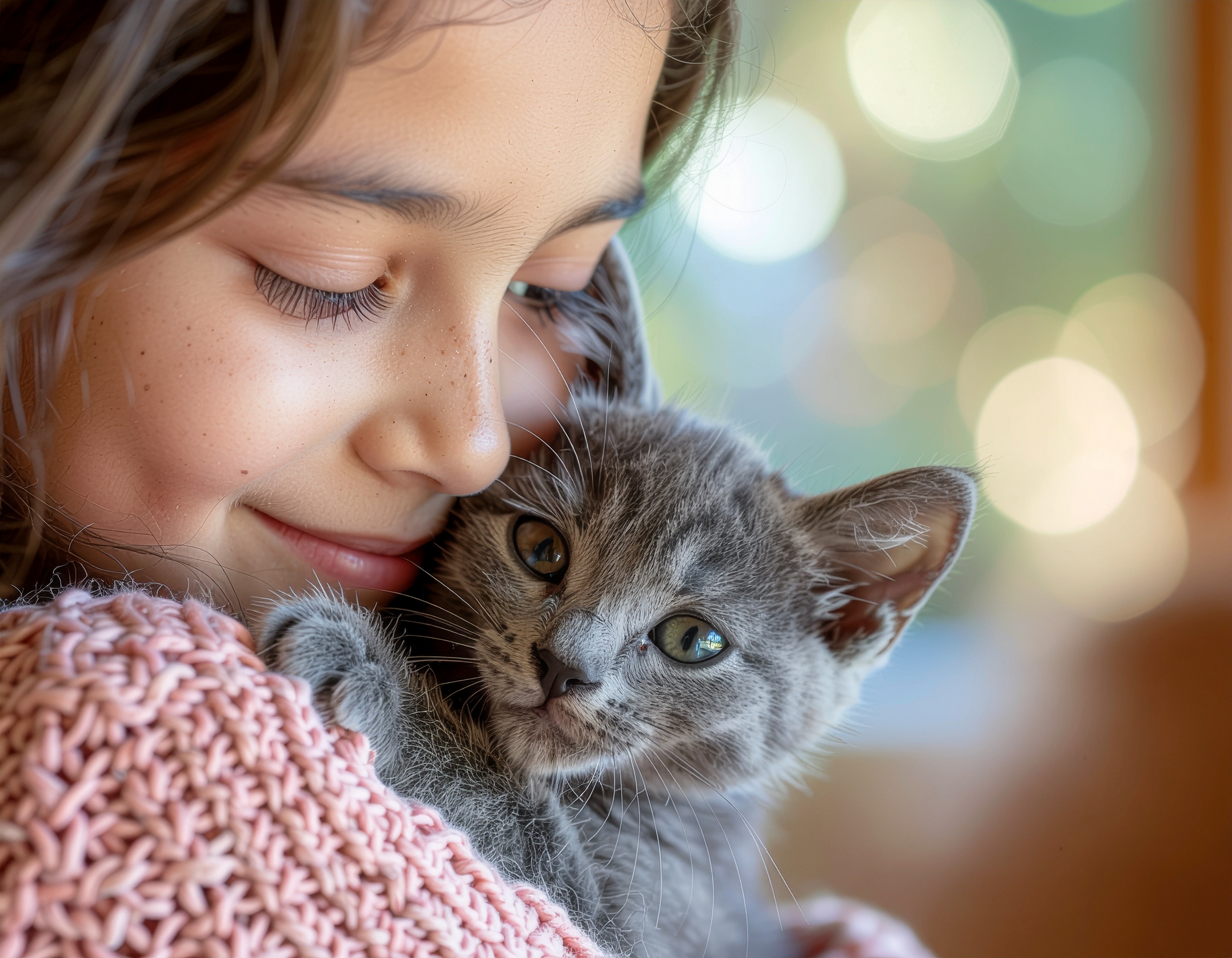 Uma menina sorridente abraça carinhosamente um gatinho cinza, transmitindo amor e ternura em um ambiente iluminado e sereno, com fundo desfocado e bokeh acolhedor.